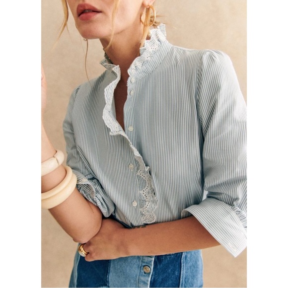SEZANE Blue White Pinstripe Ruffle Lace High Neck Striped Button Down Chlo Shirt - Picture 4 of 16